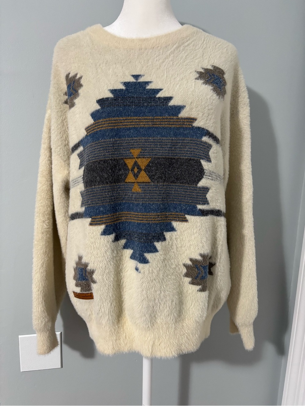Simply Southern Cream Aztec Crewneck Sweater with Blue and Gold Accents Size M